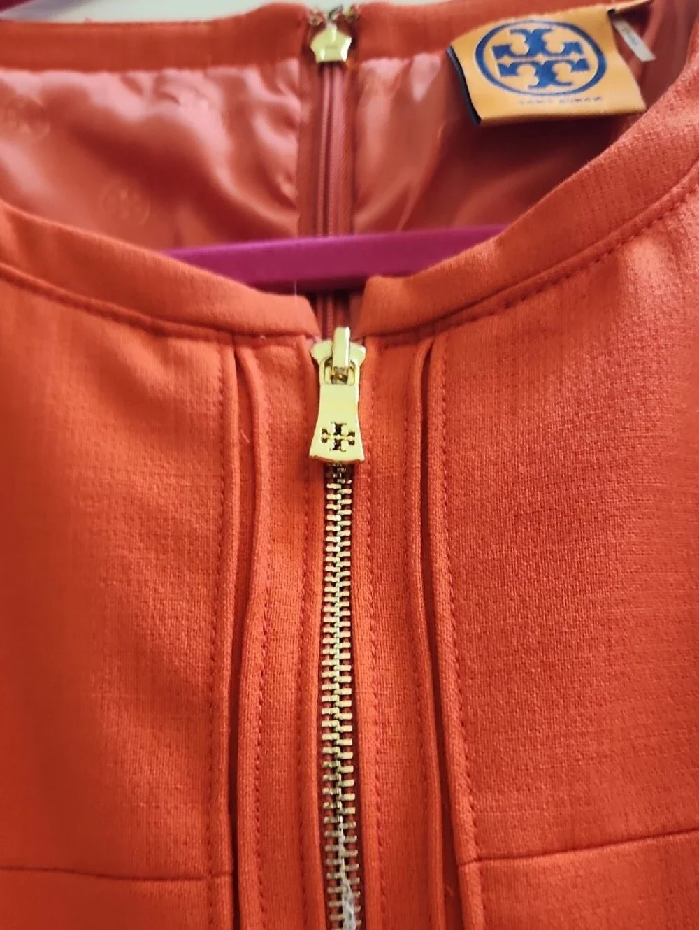 Tory Burch Coral-Red Sleeveless Sheath Dress with Gold Zippers